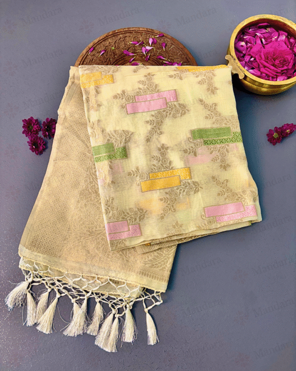 Banarasi Zari Silk Saree – Soft Gold with Pastel Accents and Tassels