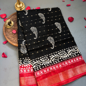 Dola Silk Saree – Black with Red Border, Mango block Print, and Strip Zari Work