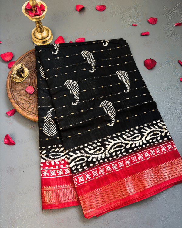 Dola Silk Saree – Black with Red Border, Mango block Print, and Strip Zari Work