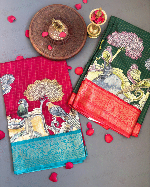 Soft Dola Silk Saree with Zari Border and Kalamkari Digital Print – Elegant and Contemporary