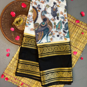 Mysore Semi Crepe Silk Saree – Multicolour Kalamkari Print with Peacock Zari Border