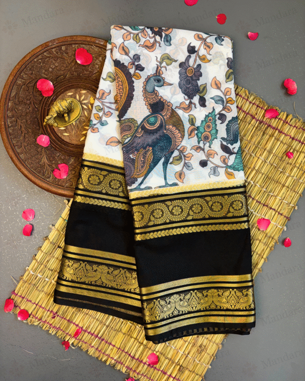 Mysore Semi Crepe Silk Saree – Multicolour Kalamkari Print with Peacock Zari Border