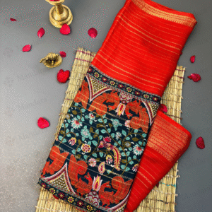 Chiffon Half and Half Saree with Digital Kalamkari Print and Golden Zari – Rich and Traditional Look