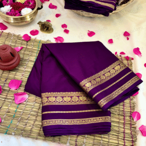 Mysore Semi Crepe Silk Saree with Lotus Zari Border – Royal Plum – Self Colour with Running Blouse
