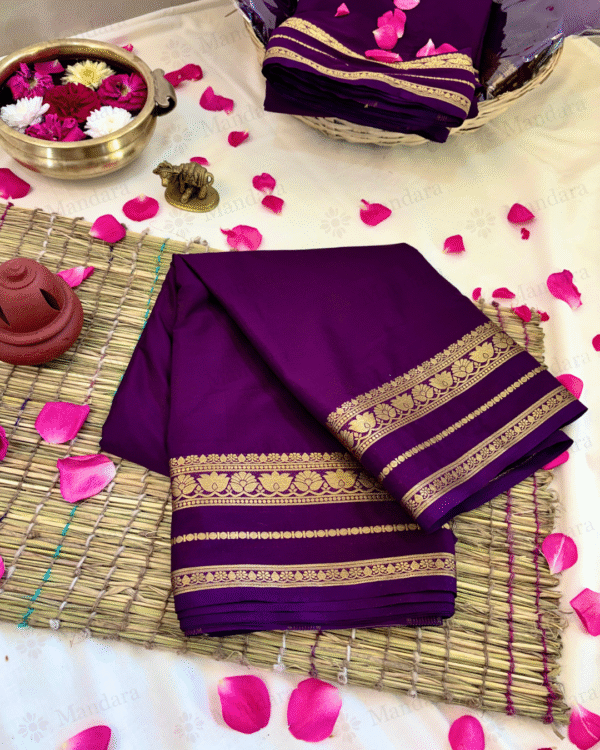Mysore Semi Crepe Silk Saree with Lotus Zari Border – Royal Plum – Self Colour with Running Blouse