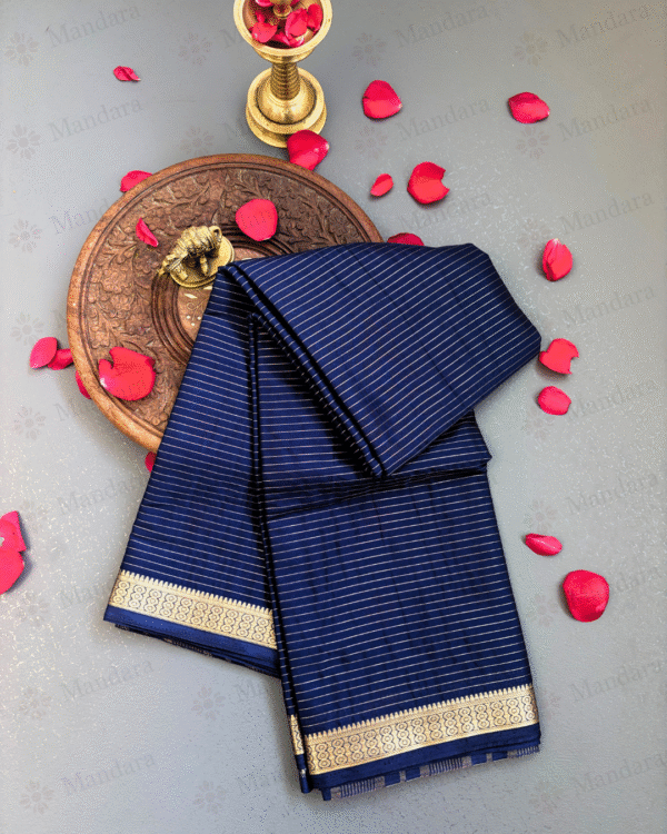 Mysore Semi Crepe Silk Saree – Navy Blue with Striped Zari and Small Coin Border