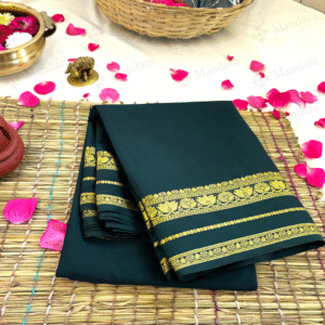 Mysore Semi Crepe Silk Saree with Lotus Zari Border – Emerald Green – Self Colour with Running Blouse