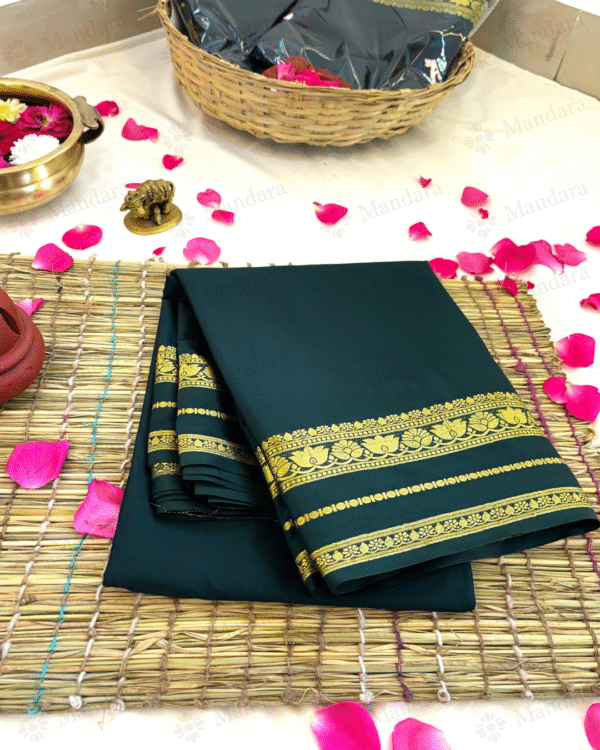 Mysore Semi Crepe Silk Saree with Lotus Zari Border – Emerald Green – Self Colour with Running Blouse