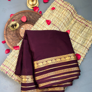 Mysore Semi Crepe Silk Saree with Lotus Zari Border – Chocolate Brown – Self Colour with Running Blouse