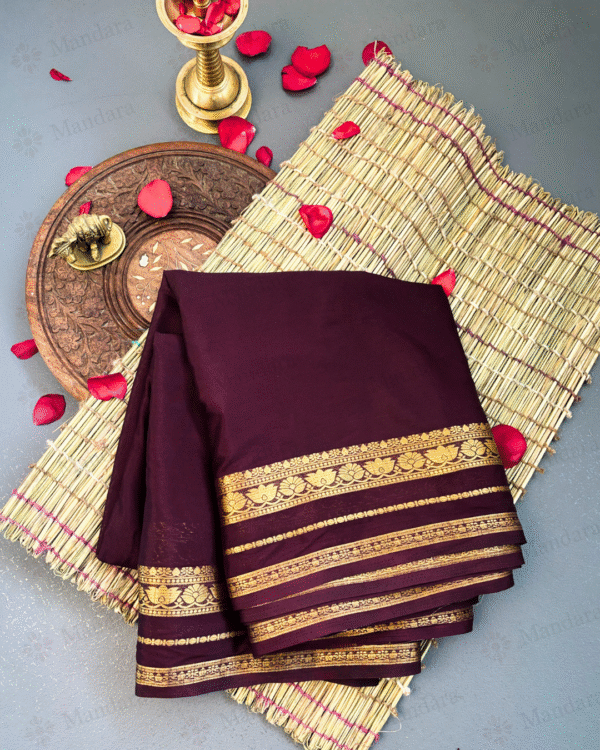 Mysore Semi Crepe Silk Saree with Lotus Zari Border – Chocolate Brown – Self Colour with Running Blouse