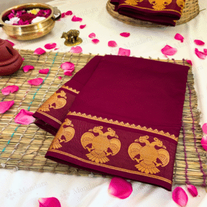 Mysore Semi Crepe Silk Saree with Gandaberunda Zari Border – Deep Red – Self Colour with Running Blouse