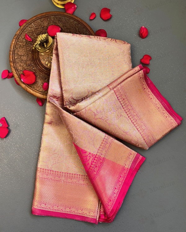 Tissue Silk Saree – Peach with Hot Pink Border and Golden Zari Weaving