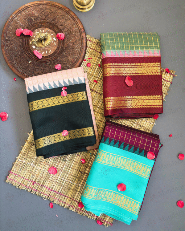Cotton Silk Saree – Checks Pattern with Temple Overborder and Bentex Zari Border